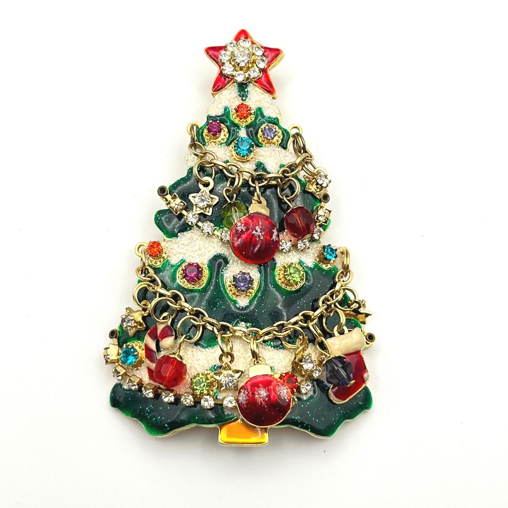 LATR 2GO Vintage Christmas Tree Brooch Enamel Rhinestone Charms Gold Tone Pin